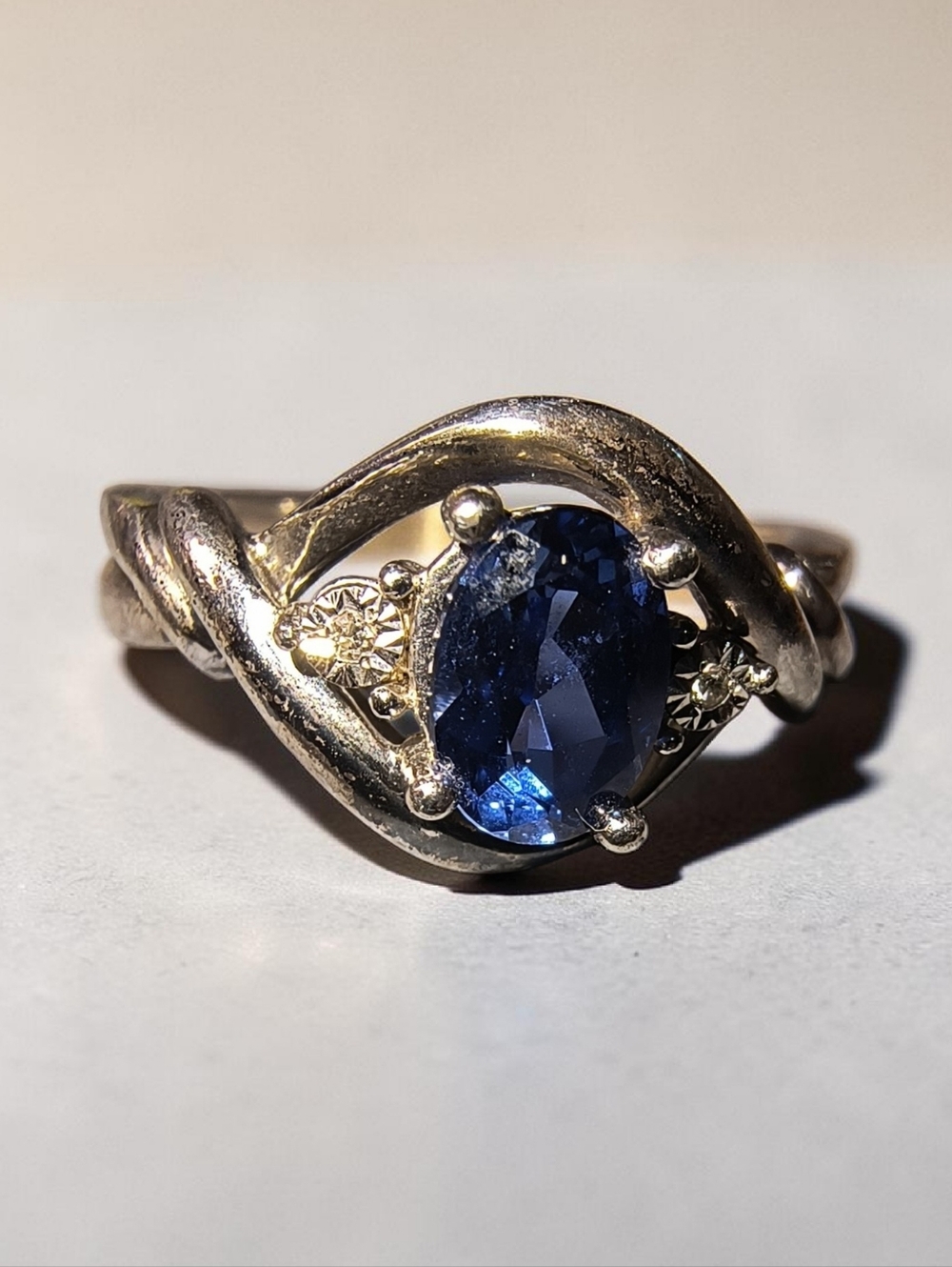 Vintage Blue Sapphire And Clear Gemstone Sterling Silver Ring